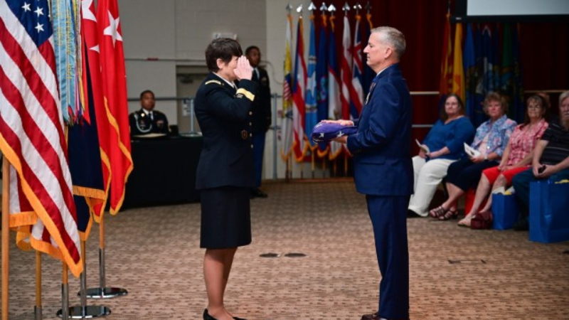 Lt. Gen. Maria Gervais salutes the flag following the ceremonial flag folding during her retirement ceremony on June 28, 2024.
